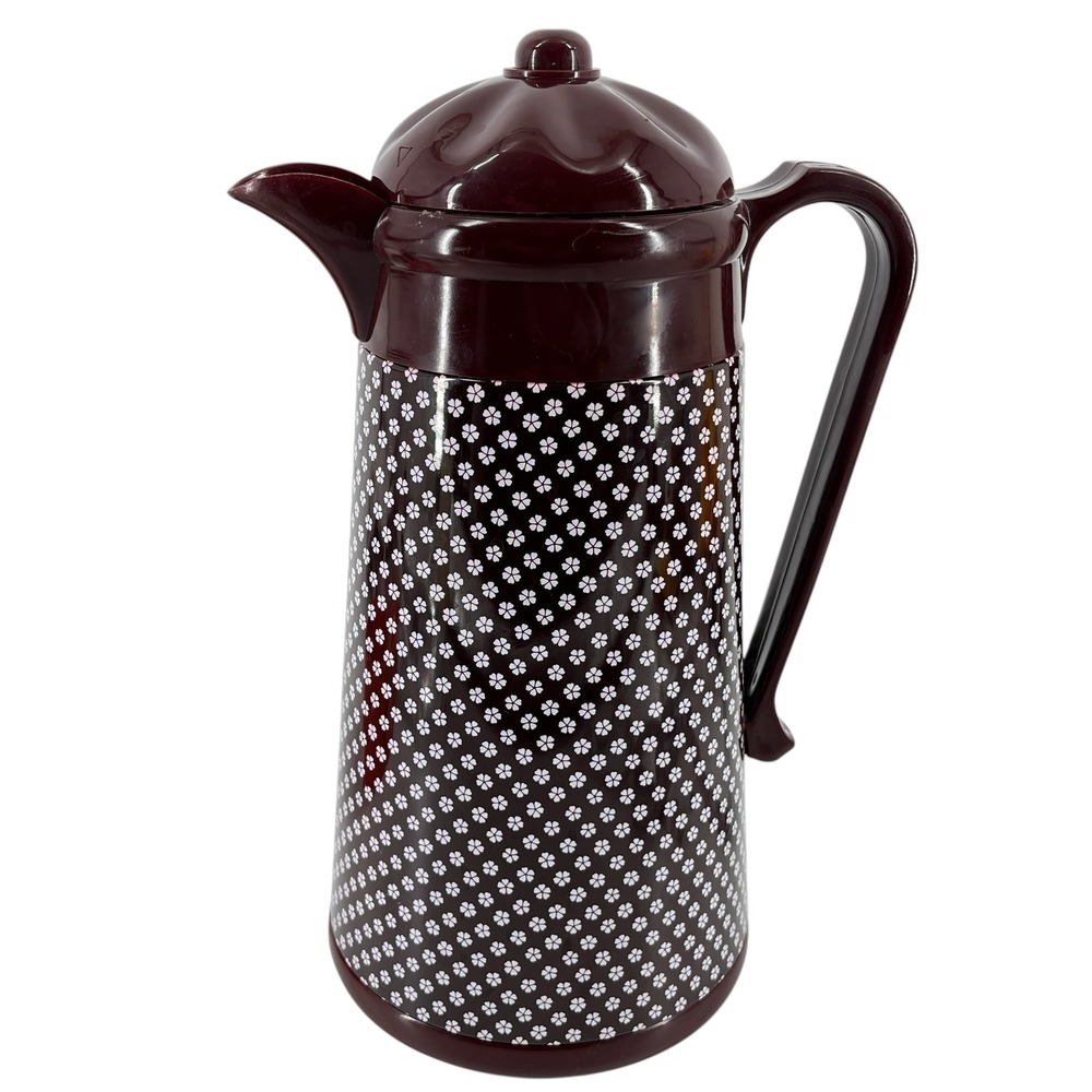 Vintage Burgundy Thermal Carafe Pitcher Floral Clover Pattern Made in Taiwan